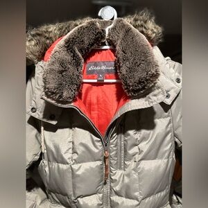 Eddie Bauer Silver Gray Padded Jacket with detachable Faux Fur Hood and Collar